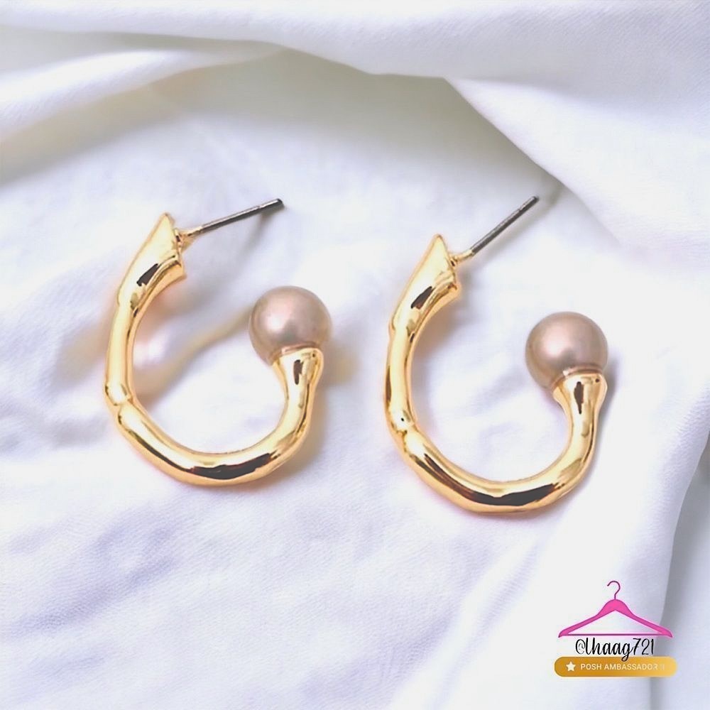 ALEXIS BITTAR Pearl Capped Twisted Gold Open Hoop Post Earrings - MSRP $195 - Picture 10 of 14